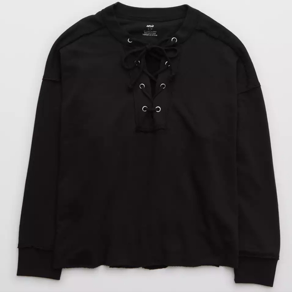 Aerie Sunday Soft Lace Up Sweatshirt True Black - Picture 1 of 5